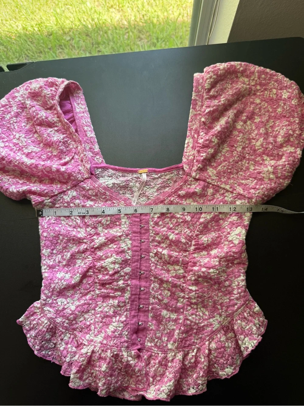 Free People Women's XS Pink Floral Lace Oh Baby Puff Sleeve Corset Peplum Top